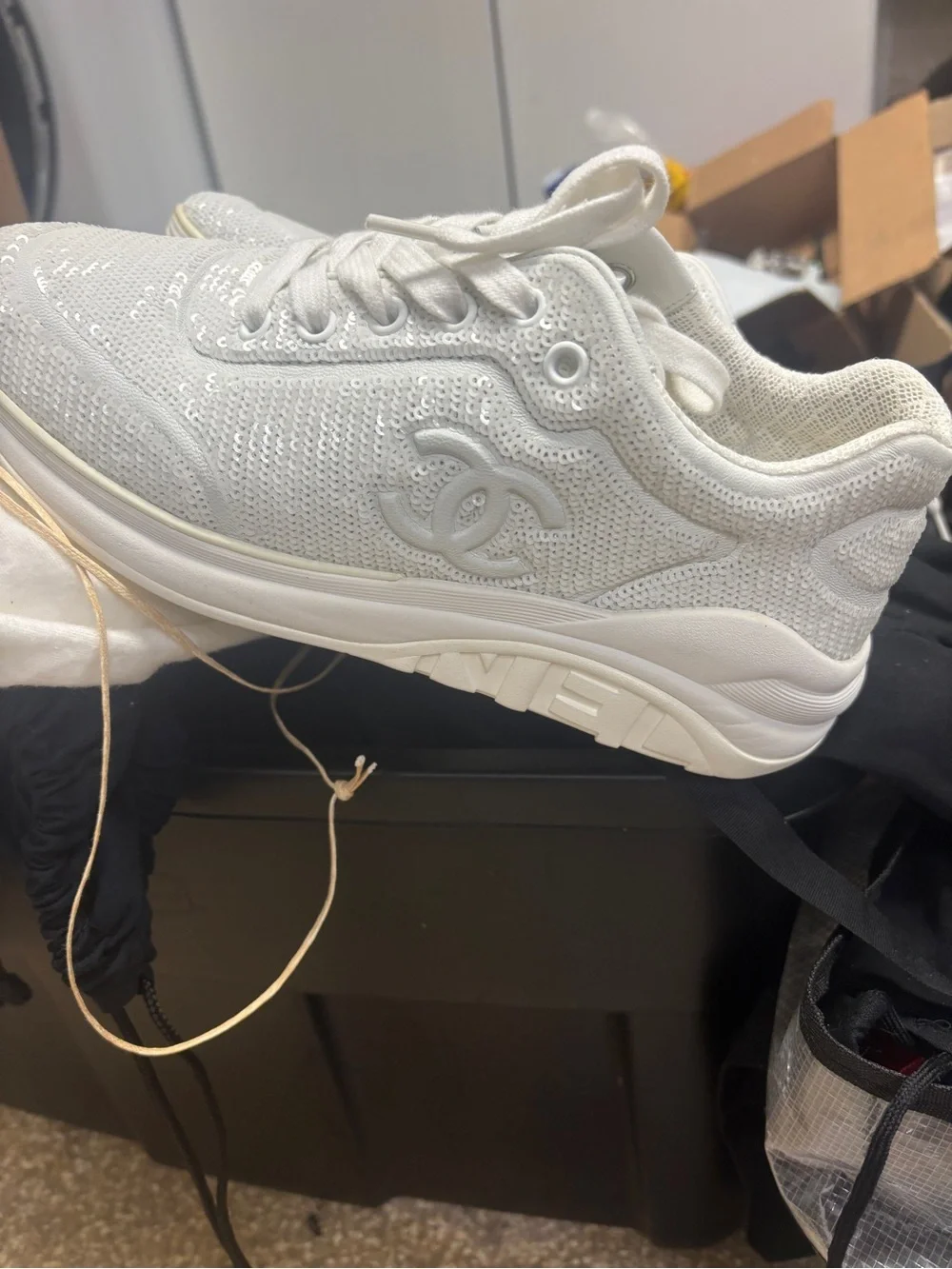 CHANEL White Sequined Lace-Up Sneakers - Women's